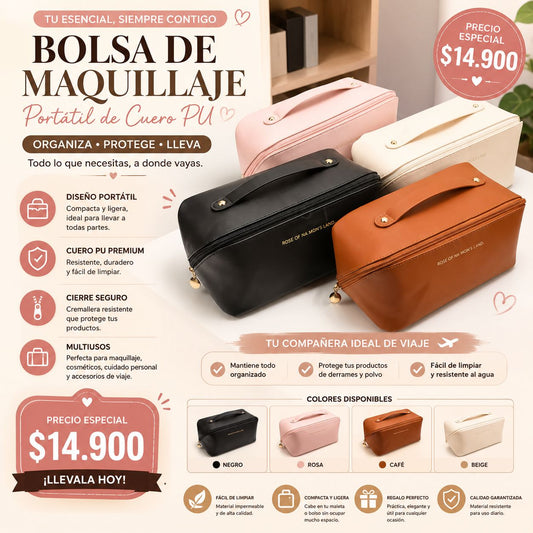 Bolsa de Maquillaje Portátil de Cuero PU | Organizador de Cosméticos y Accesorios de Viaje