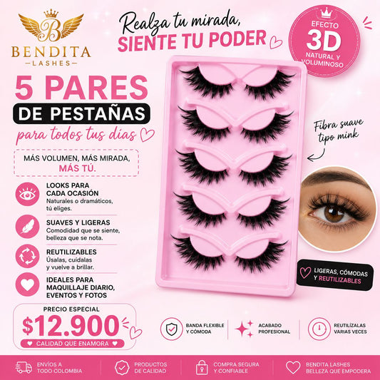 5 Pares de Pestañas 3D Bendita Lashes | Reutilizables | Efecto Natural y Voluminoso