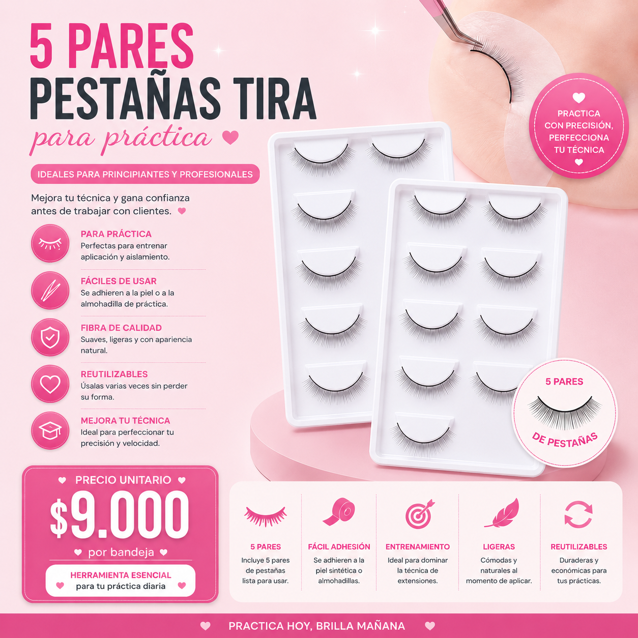 Pestañas de Práctica para Extensiones | Bandeja con 5 Pares Reutilizables