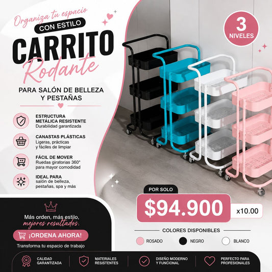 Carrito Organizador de 3 niveles - Canastas plásticas y estructura metálica