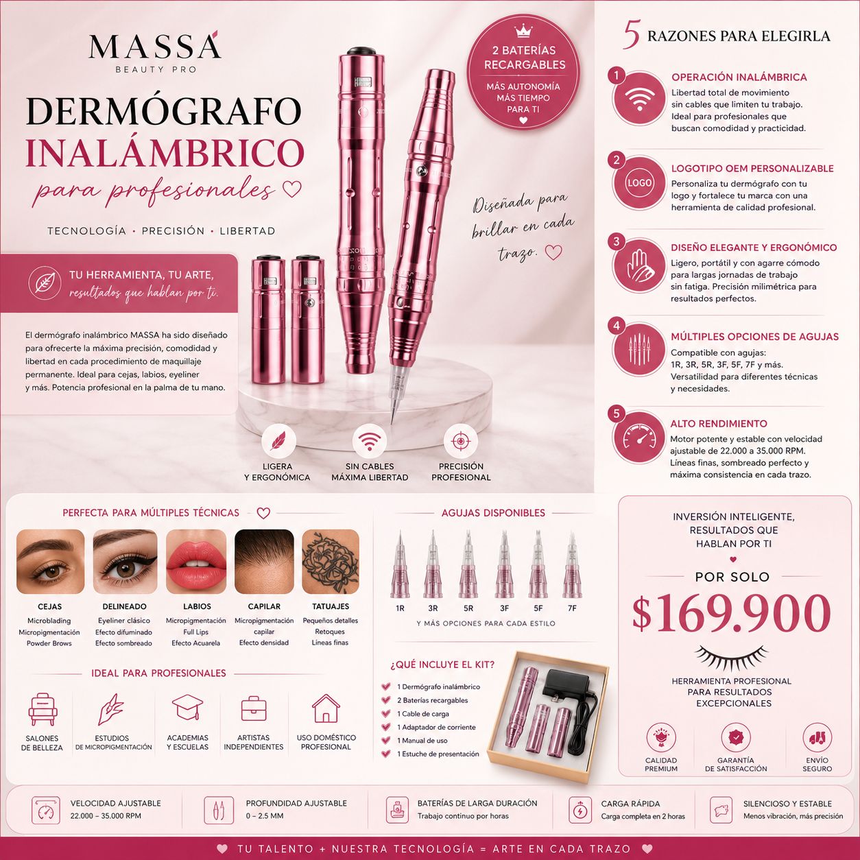 Dermógrafo Inalámbrico Profesional MASSA Beauty Pro – 2 Baterías Recargables | Micropigmentación PMU