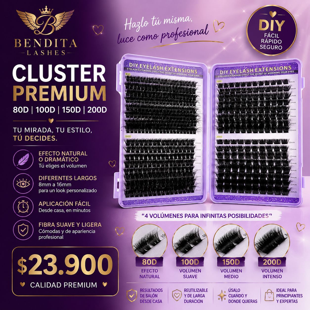 Extensiones Cluster Premium DIY Bendita Lashes 80D | 100D | 150D | 200D | Abanicos prefabricados