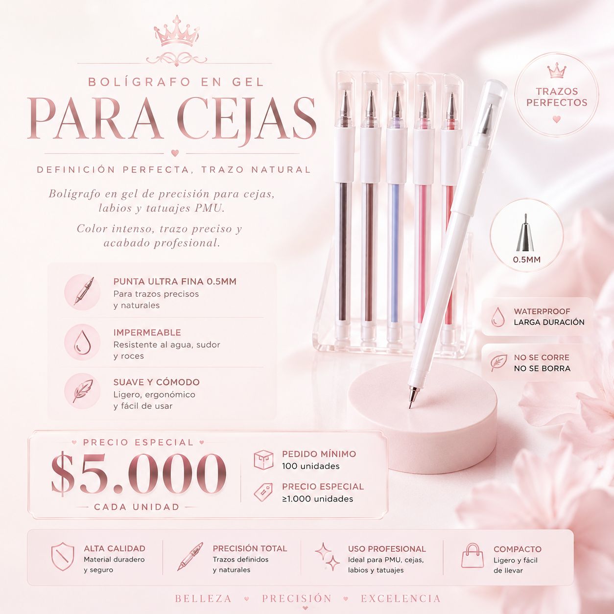 Bolígrafo en Gel para Cejas 0.5mm | Delineador Preciso Waterproof para PMU y Diseño de Cejas a Prueba de Agua