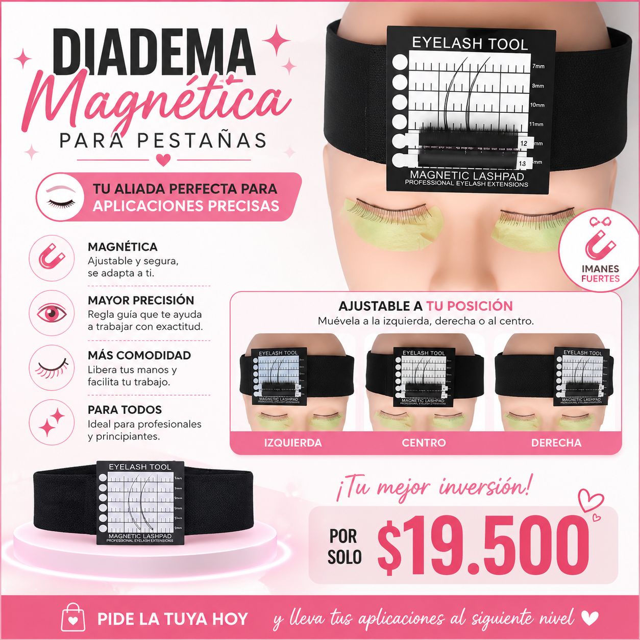 Diadema Magnética para Aplicación de Pestañas | Guía Profesional Ajustable con Regla de Precisión