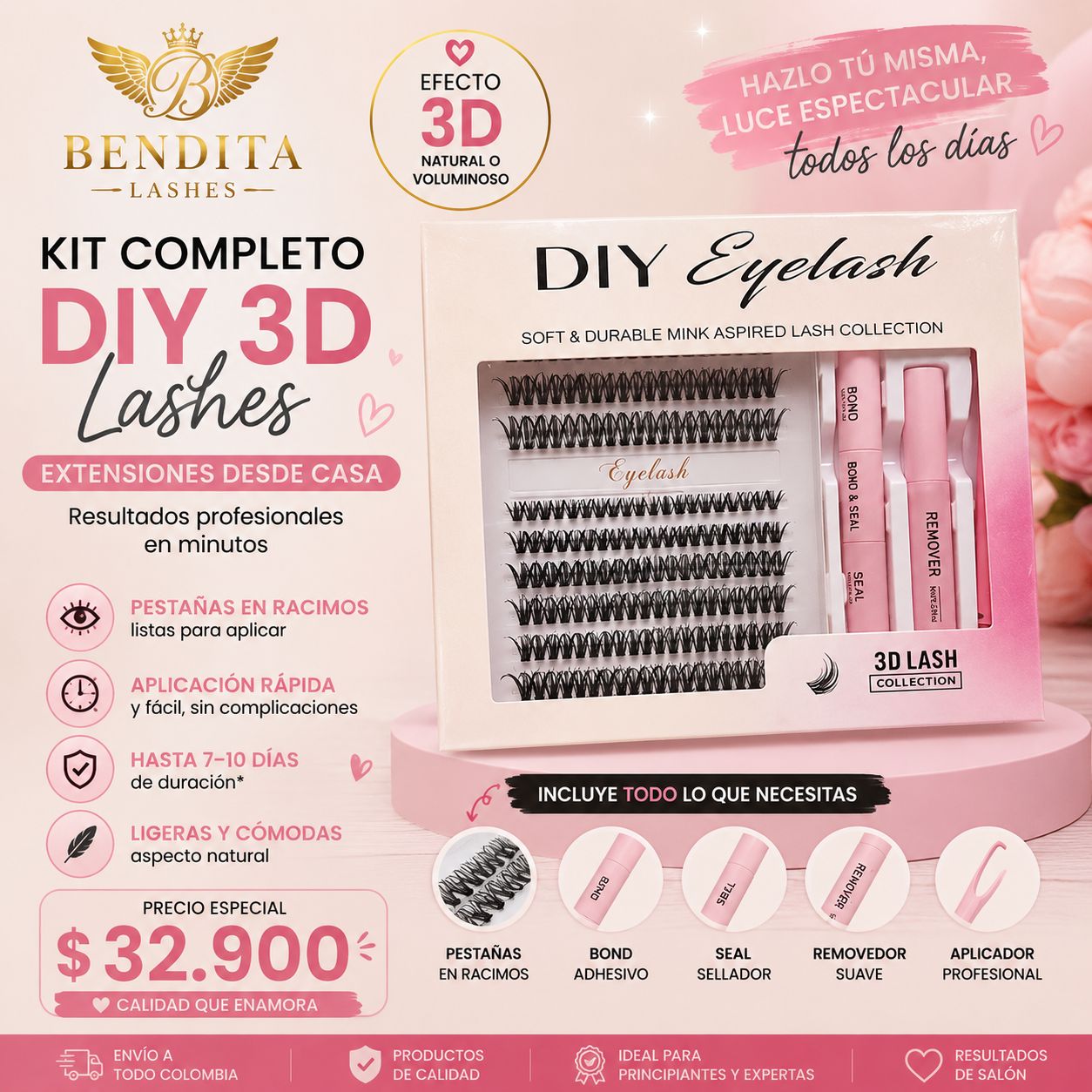 Kit Completo DIY 3D Lashes Bendita Lashes | Extensiones de Pestañas Desde Casa | Incluye Bond, Seal, Remover y Aplicador