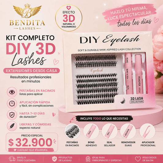 Kit Completo DIY 3D Lashes Bendita Lashes | Extensiones de Pestañas Desde Casa | Incluye Bond, Seal, Remover y Aplicador