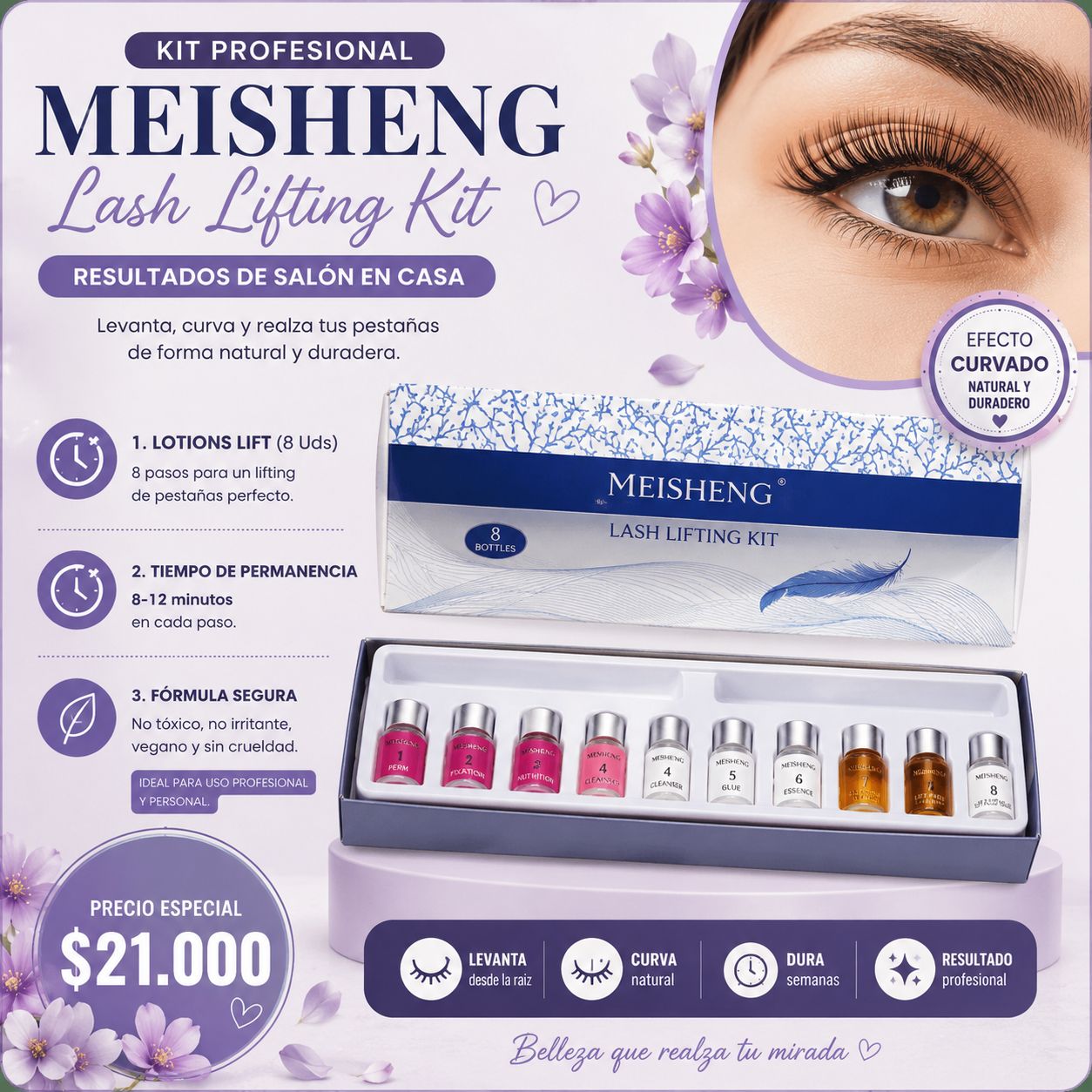 Kit Profesional Meisheng Lash Lifting | Levantamiento y Curvado de Pestañas de Larga Duración