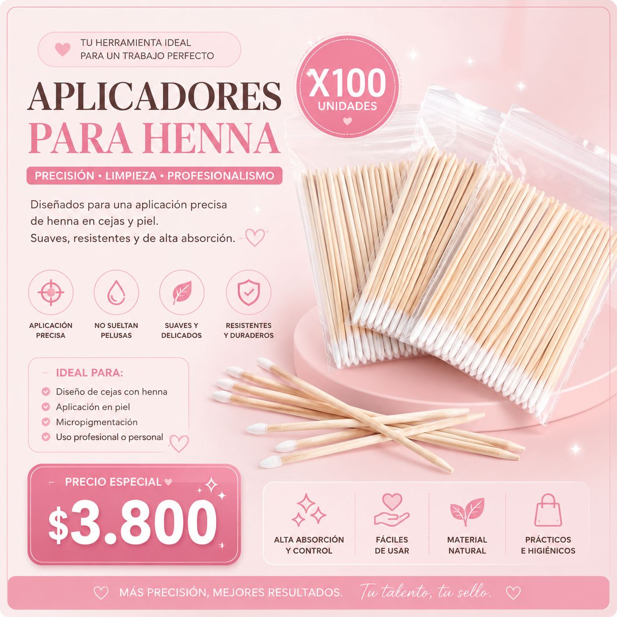 Aplicador de Microblading o Henna por 100 Unidades