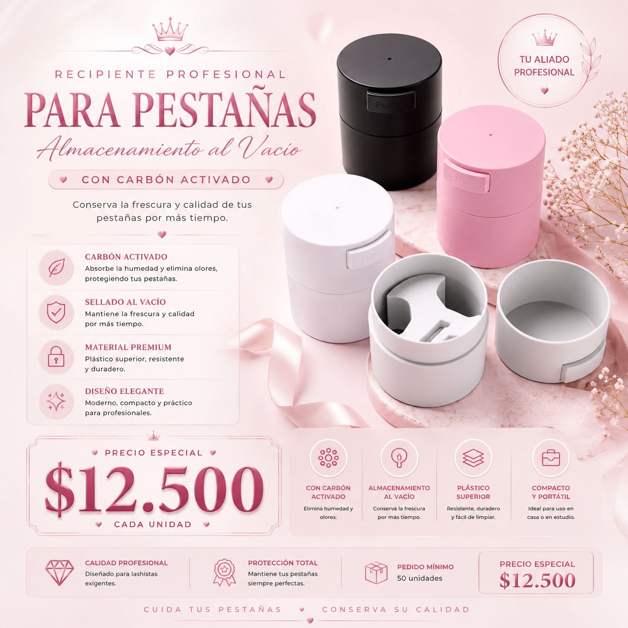 Tanque Activador de Lujo | Recipiente al Vacío para Pestañas | Contenedor Profesional con Carbón Activado