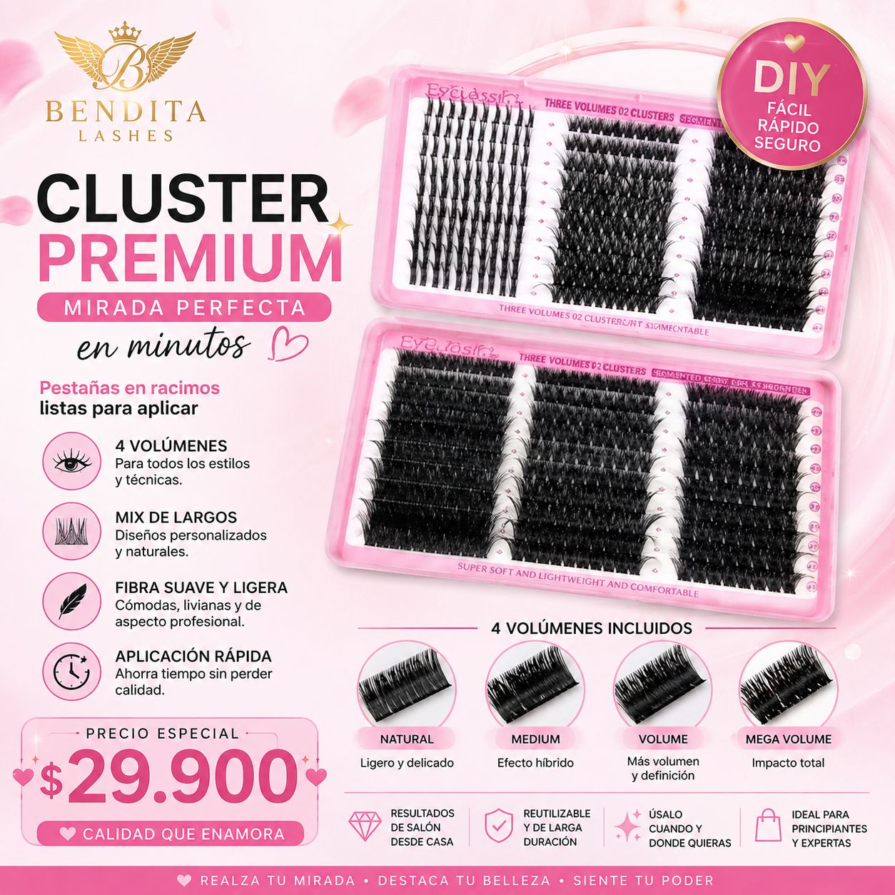 Extensiones Cluster Premium DIY Bendita Lashes | 4 Volúmenes en 1 Kit | Mix de Largos 10 mm a 18 mm
