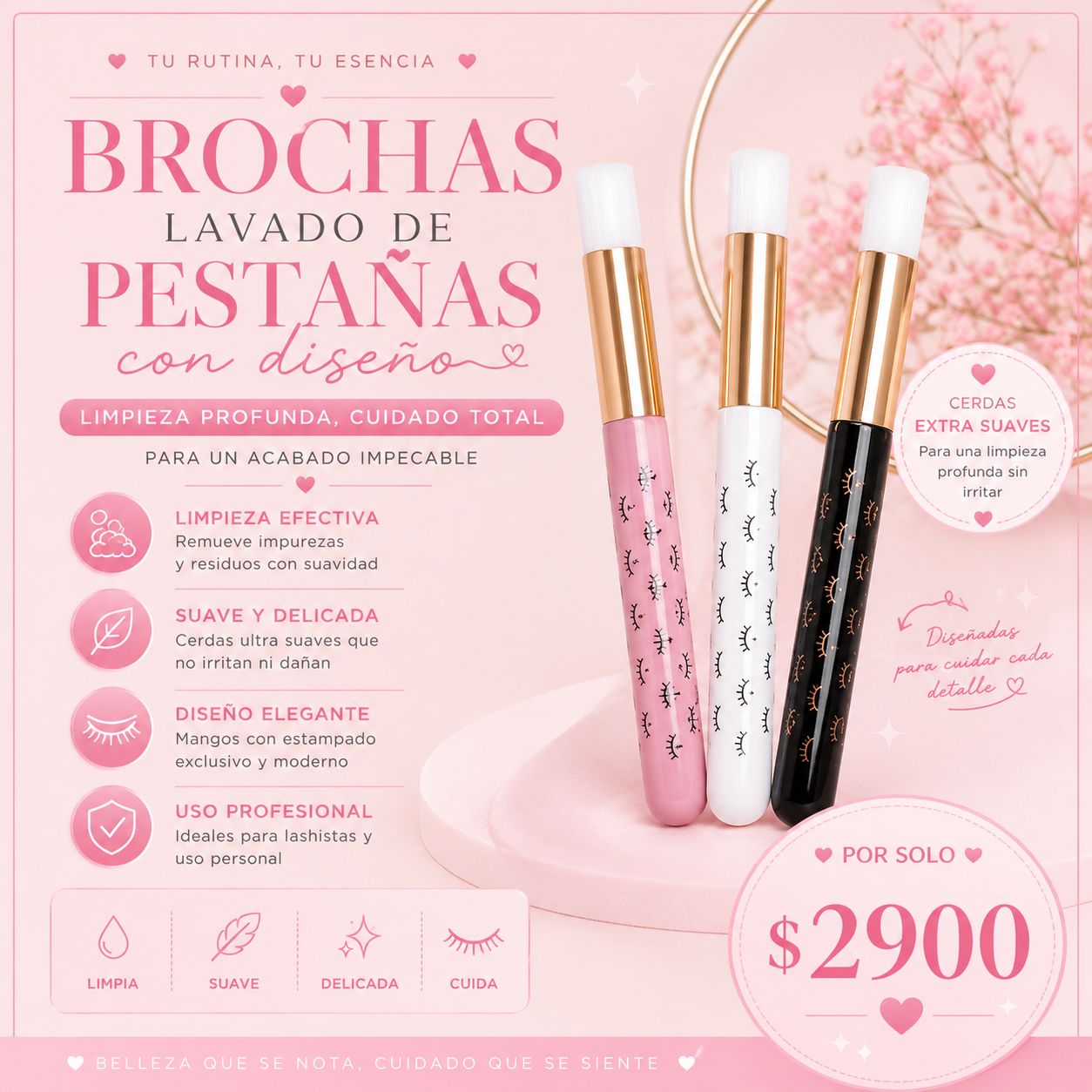 Brochas para Lavado de Pestañas con Motivo de Pestañas | Cepillo Limpiador Suave para Extensiones y Lash Shampoo