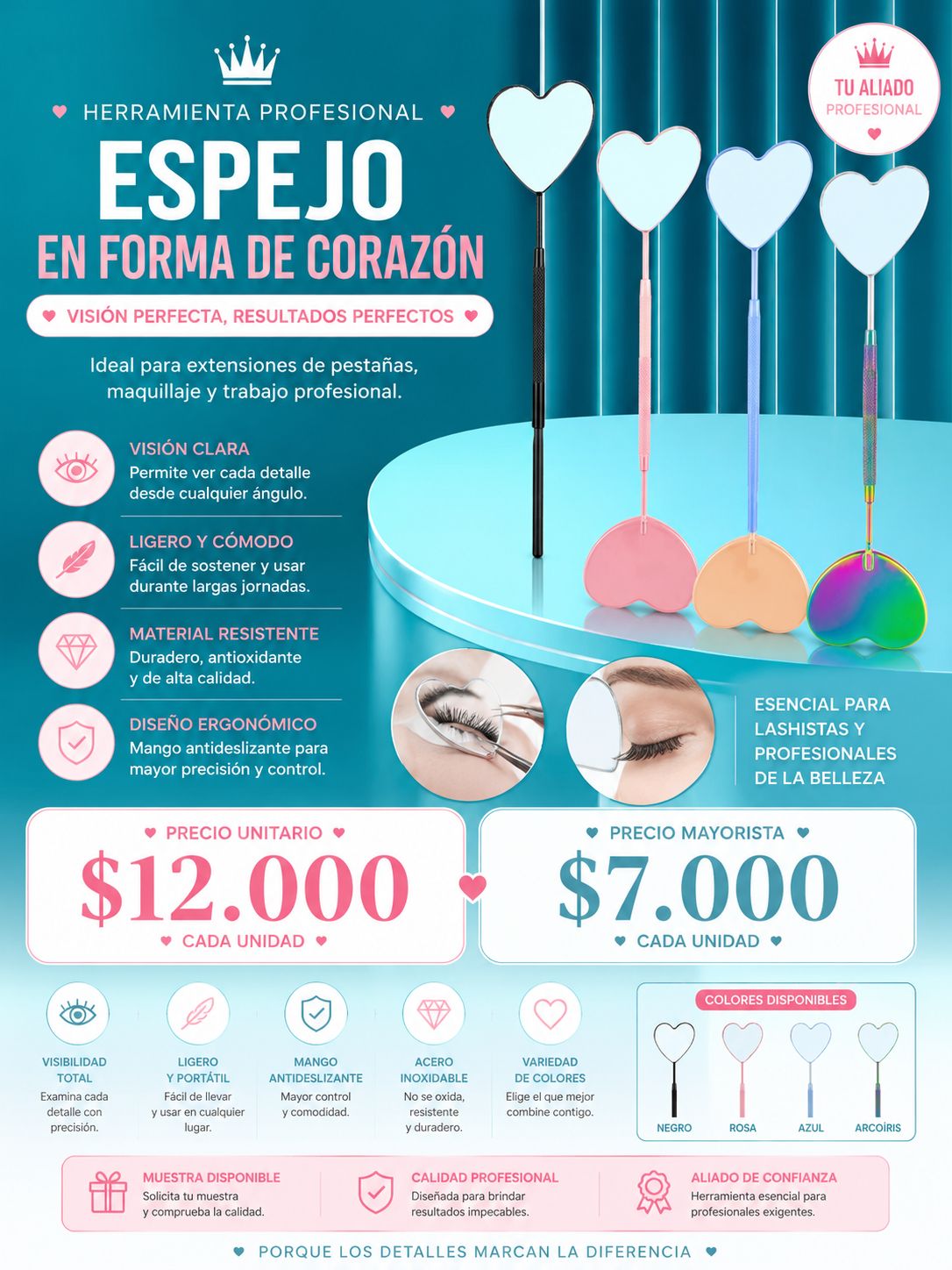 Espejo Corazón para Pestañas | Espejo Profesional para Lashistas y Beauty