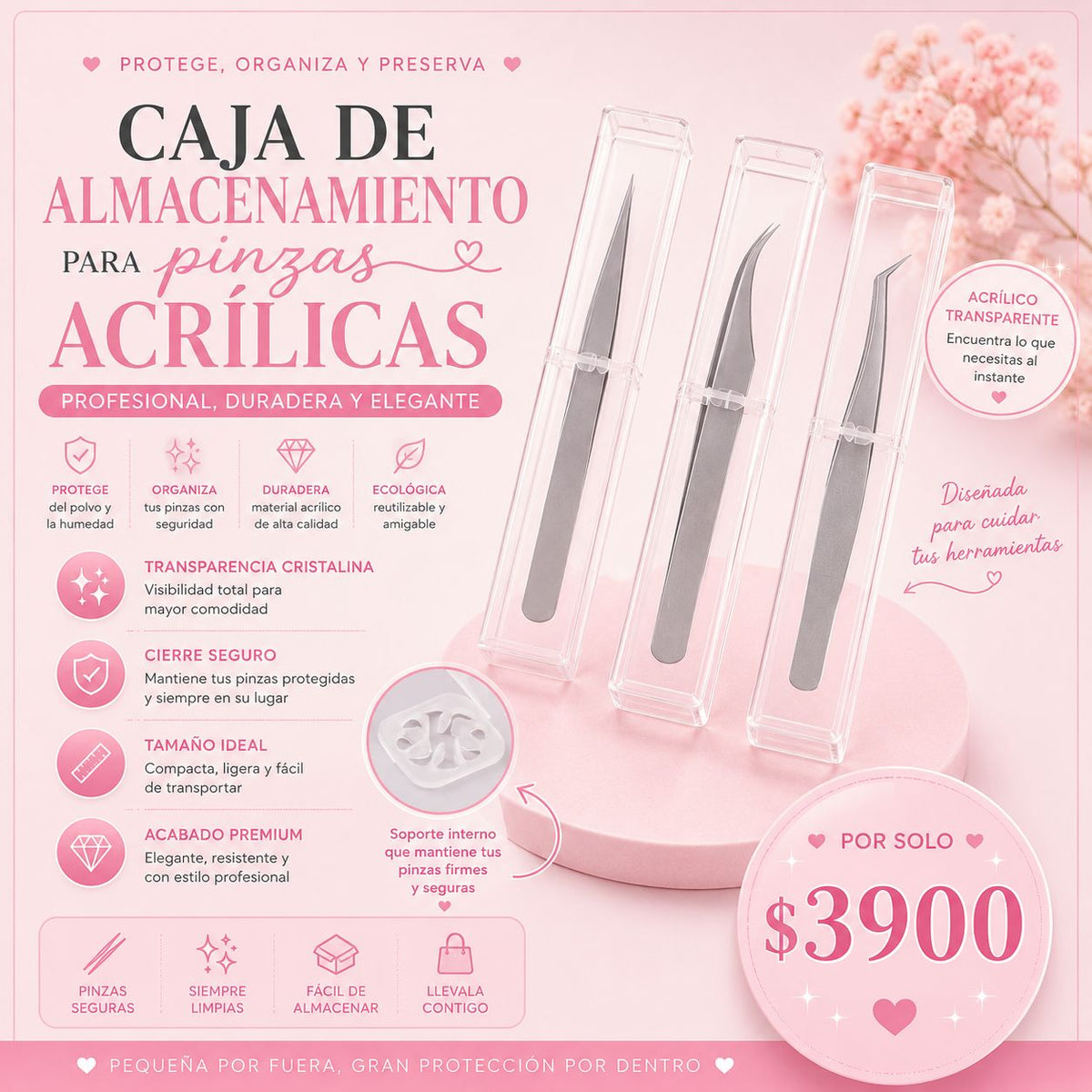 Caja Acrílica para Pinzas de Pestañas | Estuche Protector Transparente para Lashistas
