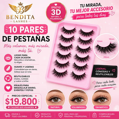 10 Pares de Pestañas 3D Bendita Lashes | Reutilizables | Efecto Natural, Voluminoso o Dramático