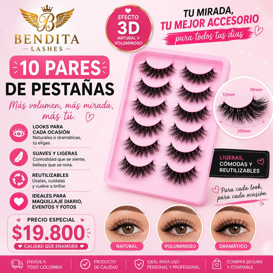 10 Pares de Pestañas 3D Bendita Lashes | Reutilizables | Efecto Natural, Voluminoso o Dramático