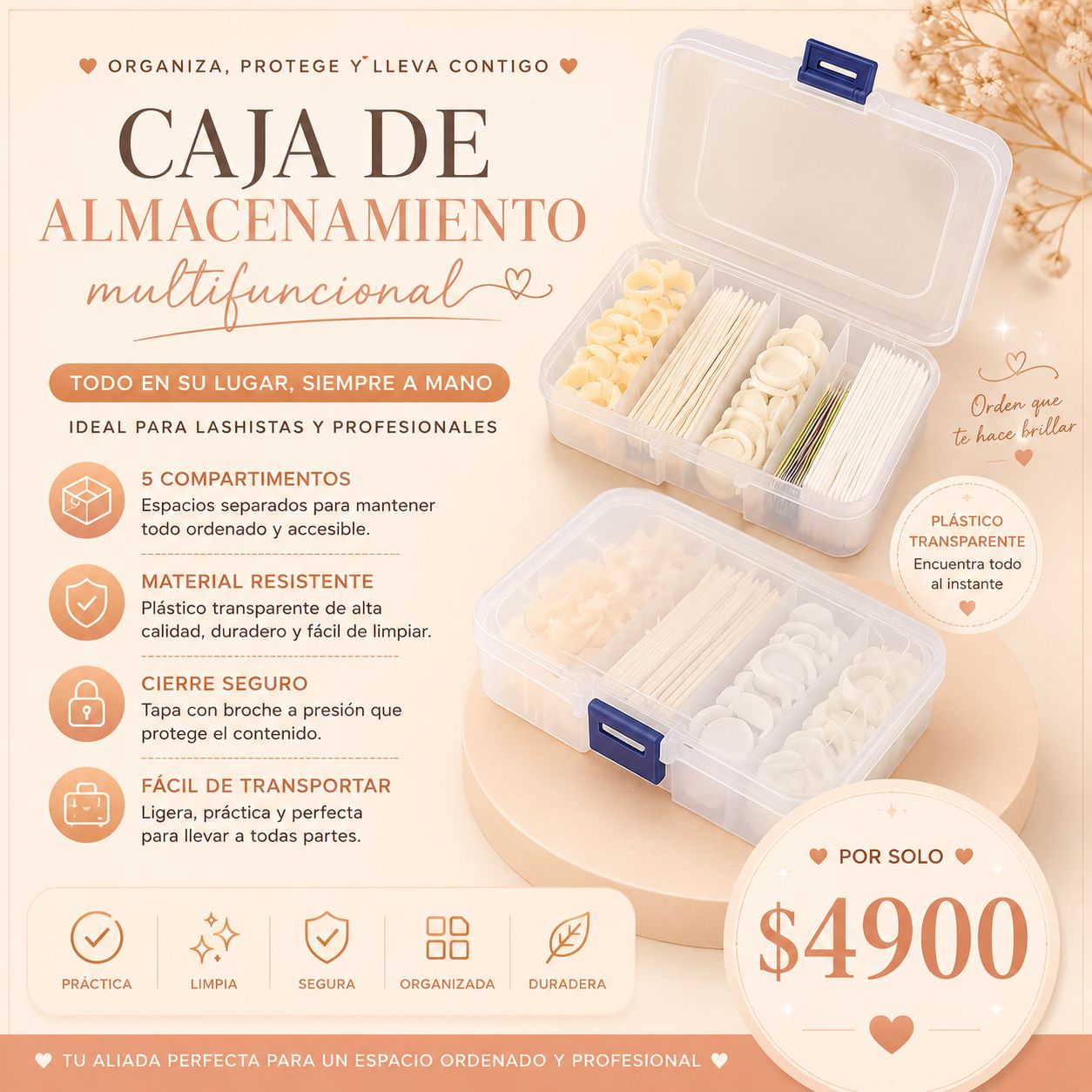 Caja Organizadora Multifuncional de 5 Compartimentos | Almacenamiento para Lashistas y Profesionales de Belleza