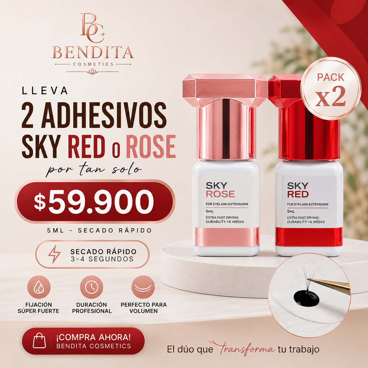 Combo Adhesivos Sky Red + Sky Rose Originales para Extensiones de Pestañas | Secado Rápido y Alta Retención