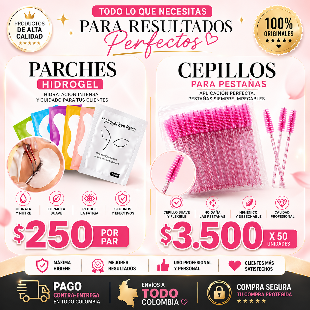 Combo Parches de Hidrogel + Cepillos para Pestañas Desechables | Kit Profesional para Extensiones de Pestañas | Envíos a Toda Colombia