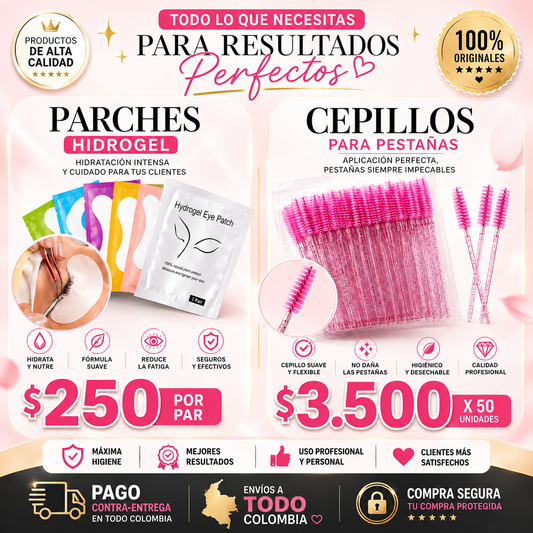 Combo Parches de Hidrogel + Cepillos para Pestañas Desechables | Kit Profesional para Extensiones de Pestañas | Envíos a Toda Colombia