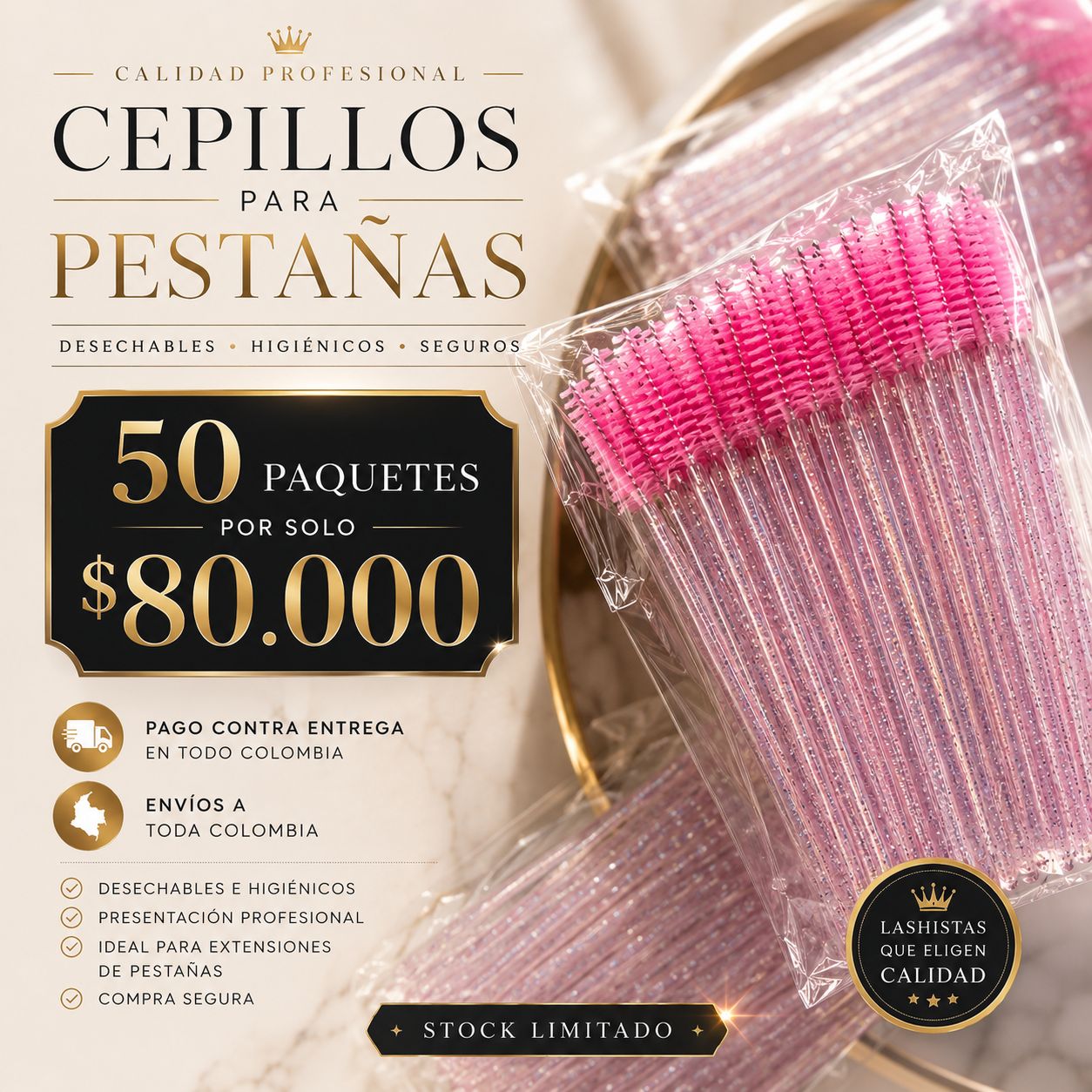 Cepillos Desechables para Pestañas por 50 paquetes | 2.500 Unidades | Spoolies Profesionales para Lashistas en Colombia