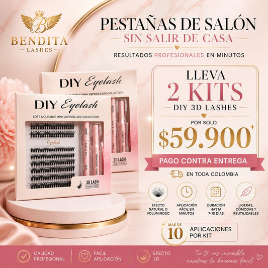 Kit x2 Pestañas DIY 3D Bendita Lashes | Extensiones de Pestañas para Aplicación en Casa
