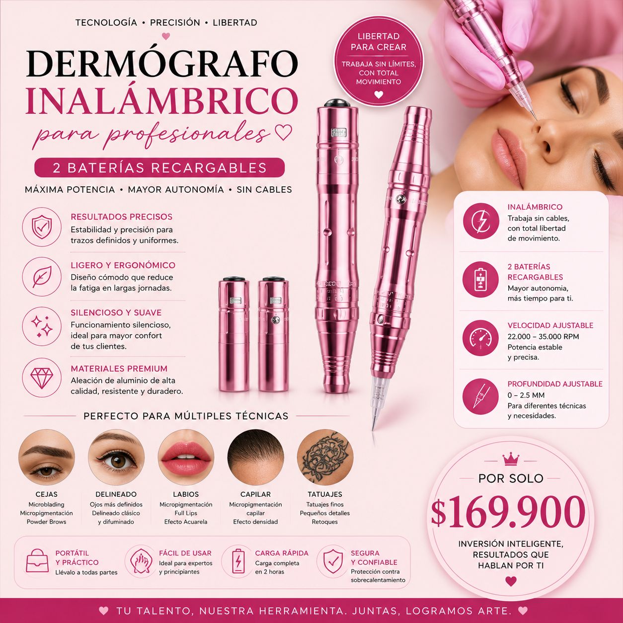 Dermógrafo Inalámbrico Profesional MASSA Beauty Pro – 2 Baterías Recargables | Micropigmentación PMU