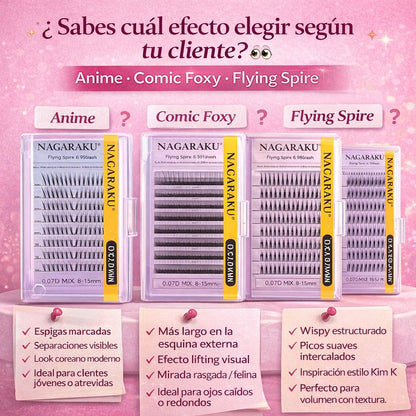 Pestañas Nagaraku Premade Spire Eyelash 0.07D Mix 8-15 mm | Efecto Wispy y Manga Profesional