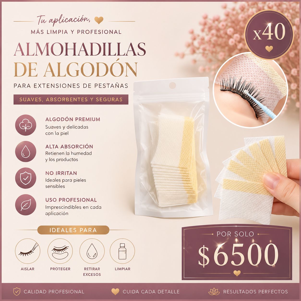 Almohadillas de Algodón para Extensiones de Pestañas por 40 Unidades | Pads Profesionales Suaves y Absorbentes
