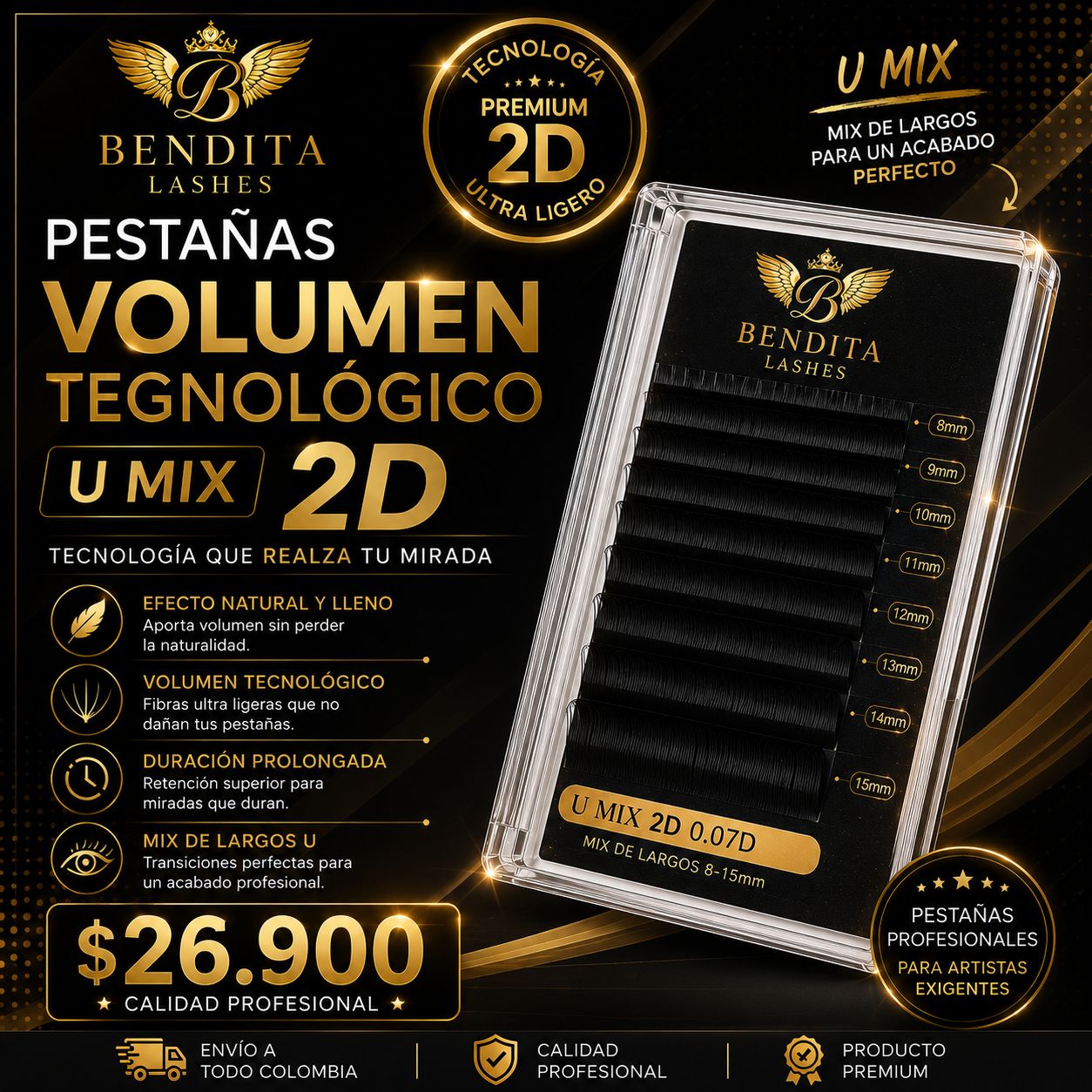 Pestañas Volumen Tecnológico 2D U 0.07D Bendita Lashes | Mix de Largos 8mm a 15mm y Clasicas desde la 9mm a la 14mm