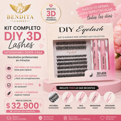 Kit Completo DIY 3D Lashes Bendita Lashes | Extensiones de Pestañas Desde Casa | Incluye Bond, Seal, Remover y Aplicador