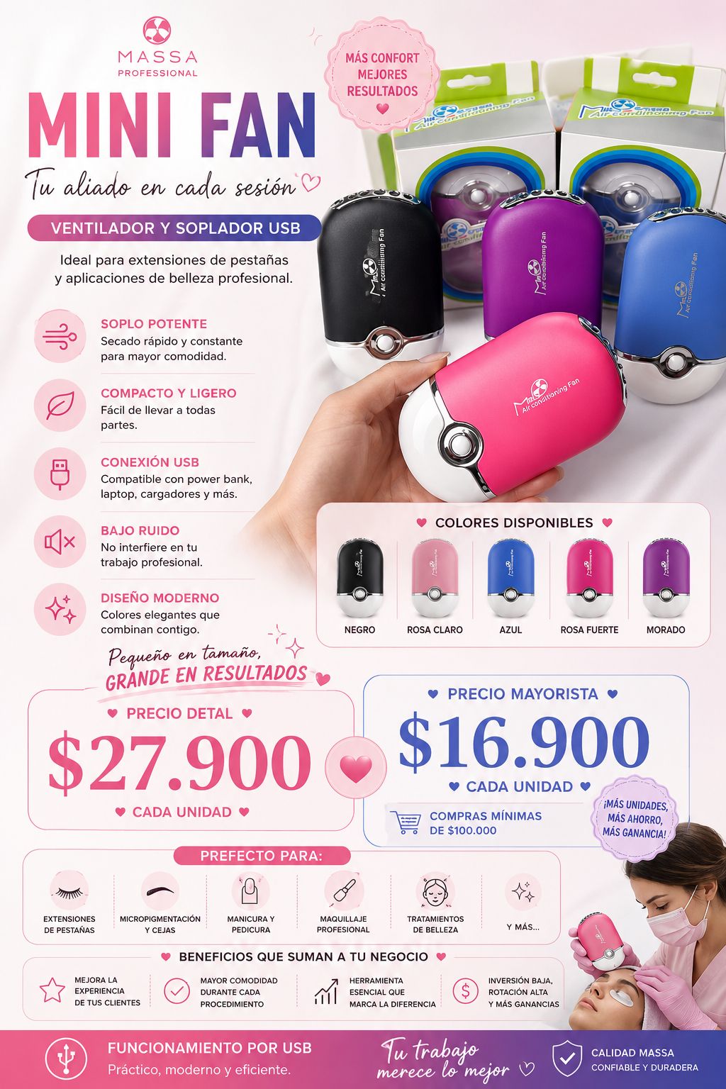 Mini Fan USB Profesional para Extensiones de Pestañas | Ventilador Portátil de Secado Rápido