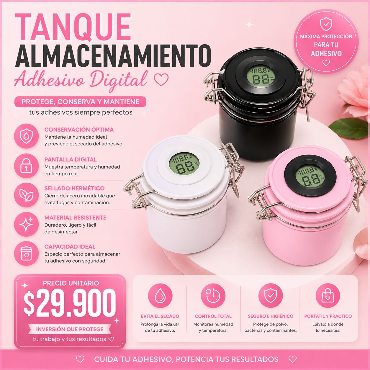 Tanque Hermético para Adhesivo de Pestañas con Termómetro e Higrómetro Digital | Conservación Profesional