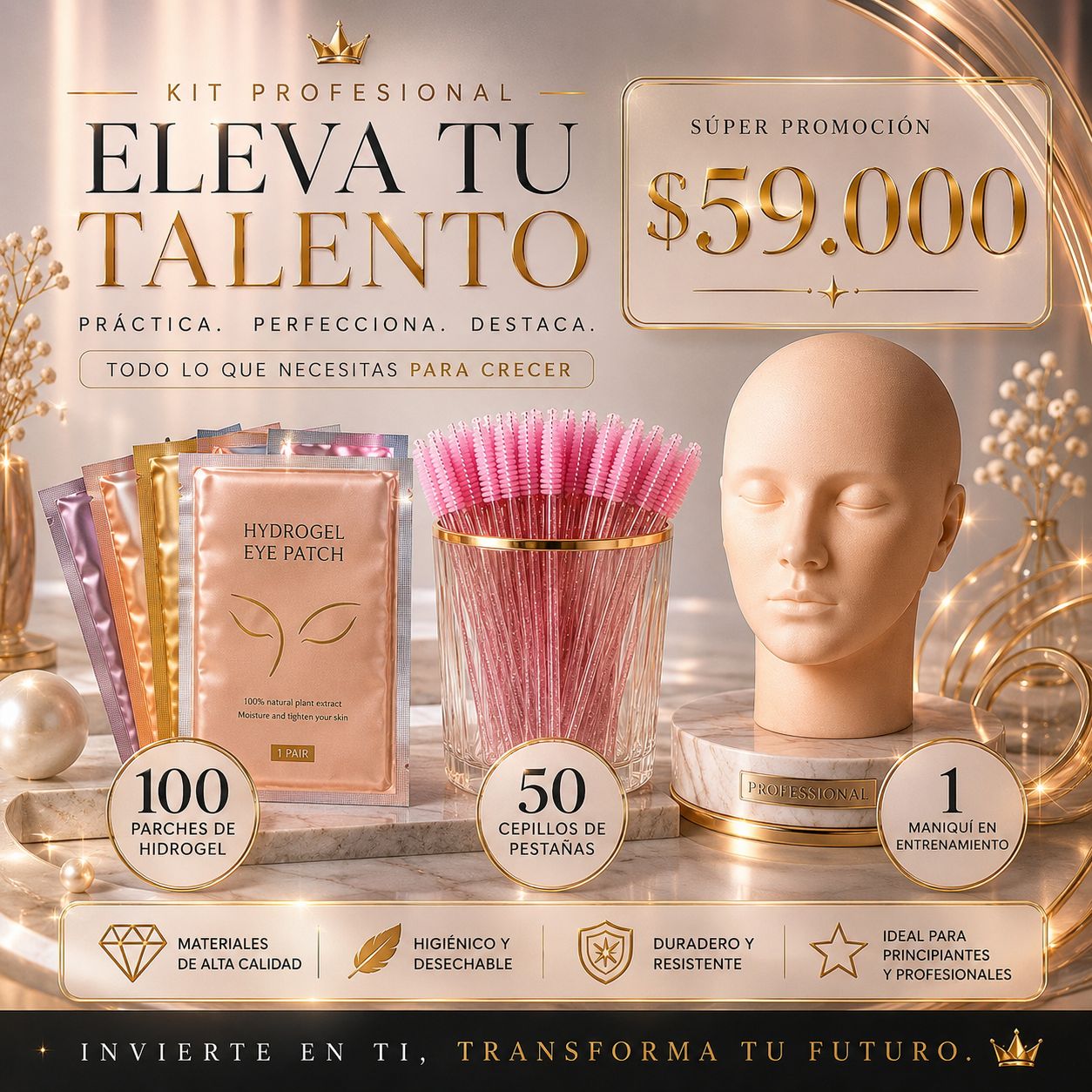 Kit Profesional para Extensiones de Pestañas para Principiantes y Lashistas | Maniquí + Parches + Cepillos
