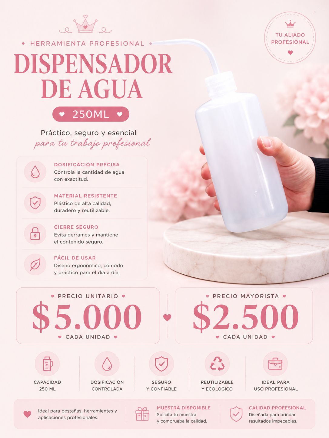 Dispensador de Agua 250ml para Pestañas y Estética | Botella Dosificadora Profesional