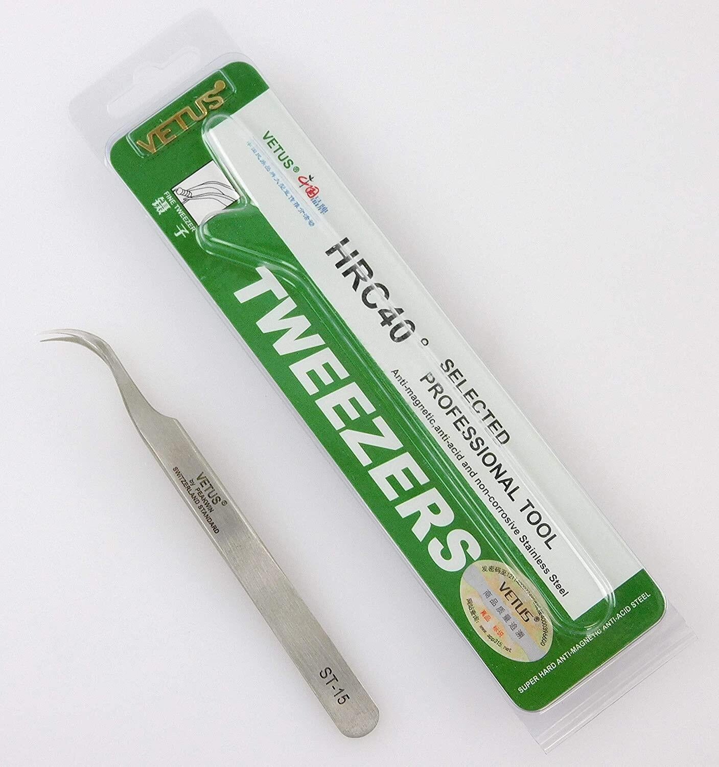 Pinza Profesional Vetus ST-15 para Extensiones de Pestañas – Acero Inoxidable